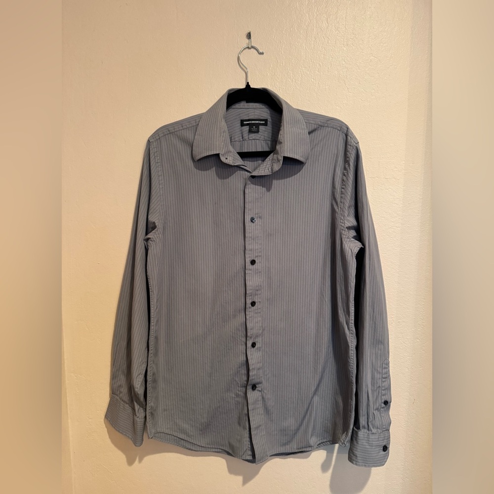 Express Mens Gray and Blue Pinstripe Button down Business Casual  Shirt